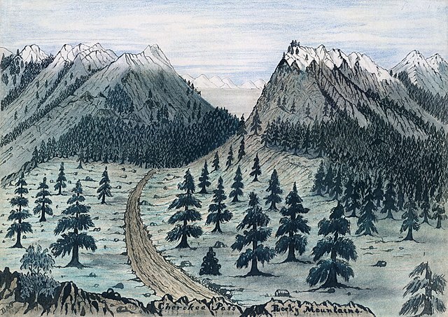 A 19th-century sketch of Rocky Mountains.  https://en.wikipedia.org/wiki/Rocky_Mountains#/media/File:Cherokee_Pass2.jpg